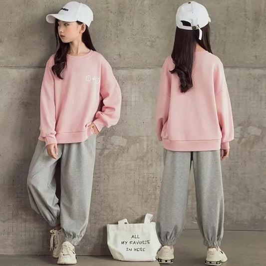 Girls Pullover Round Neck Long-sleeved Sweater Loose Sports Trousers Suit Spring and Autumn Korean Version Long-sleeved Breathable Two-piece Suit