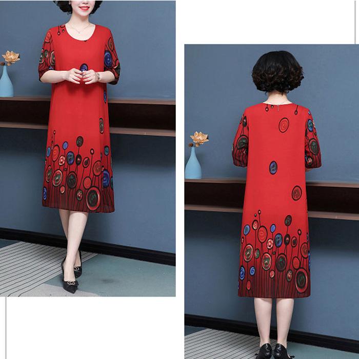 Summer Chiffon Dress Mid-length Plus Size Printing Over The Knee Round Neck Pockets Are Comfortable and Cool
