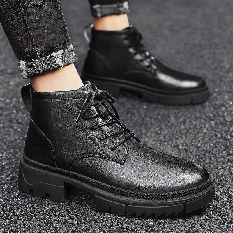 Men's Non-slip Autumn and Winter Martin Boots Net Red Ins Tooling Boots Korean Version of The British Style Black Boots Microfiber Leather Shoes