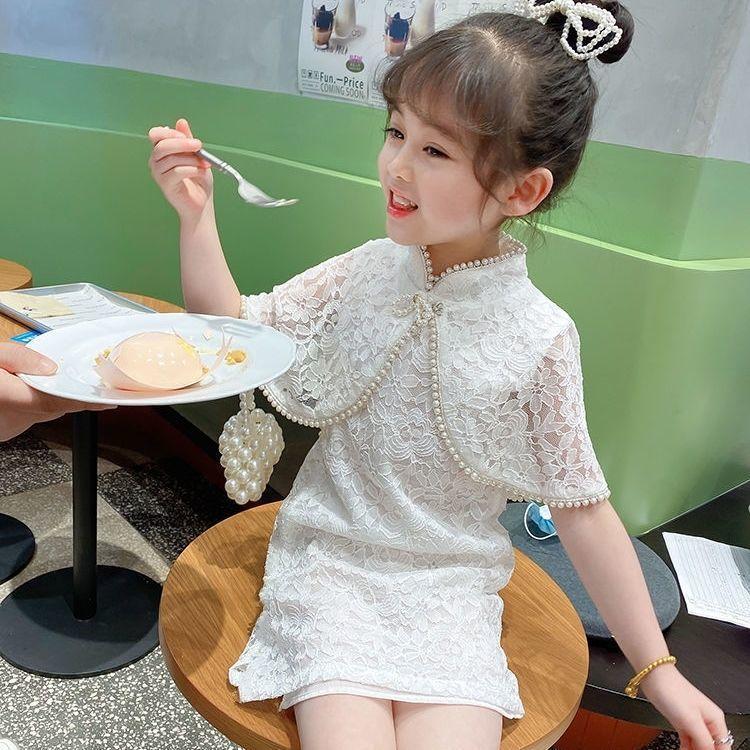 Summer Kids Dresses for Girls Little Girls Clothes Party Birthday Toddler Children Lace Princess Costume Pure Color Pearl Shawl Cheongsam Hanfu