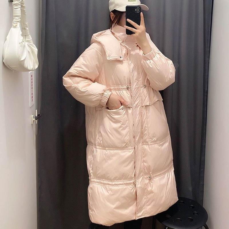 Women's Down Jacket Over-the-knee White Duck Down Mid-length Padded Waist Hooded Jacket