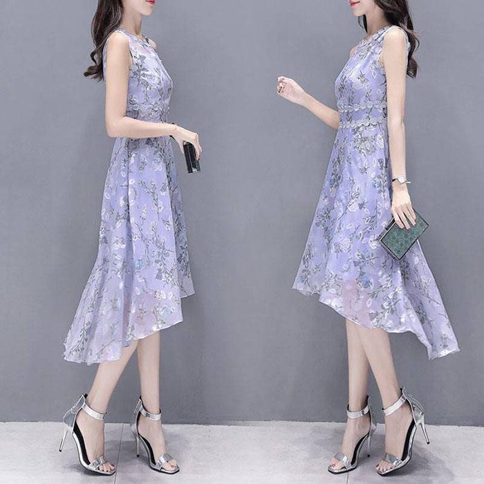 Pofulove S-2XL Women Summer Printed Floral Chiffon Dress Slim Sleeveless O-neck A-line Evening Dress