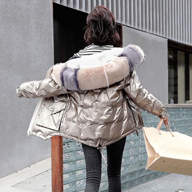 Women's Solid Color Hooded Down Jacket Regular Korean Loose Thick Coat Warm Cotton Coat Large Leather Collar Winter Coat Quilted Coat