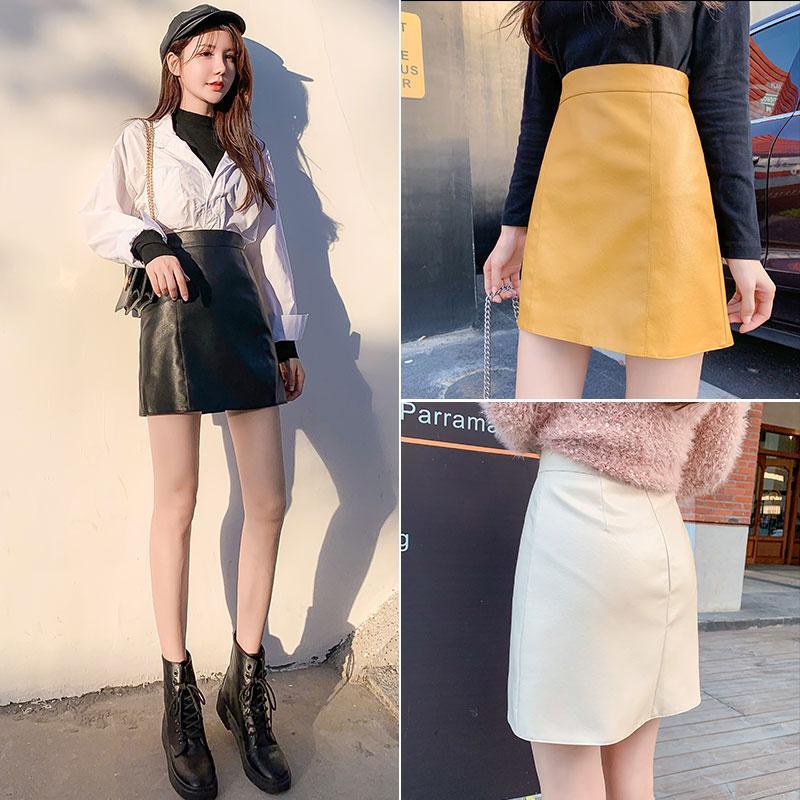 Sexy Leather Skirt Glossy PU Leather Women's Short Solid Zipper Mini Skirt Mid Waist A-line Skirts