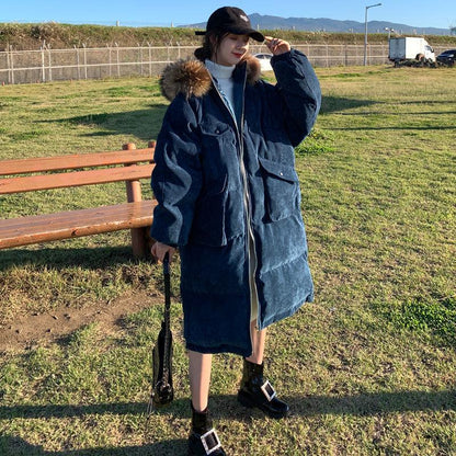 Gold Velvet Down Jacket Women's Winter Mid-length Loose and Thicker Thin Over-the-knee Jacket Women