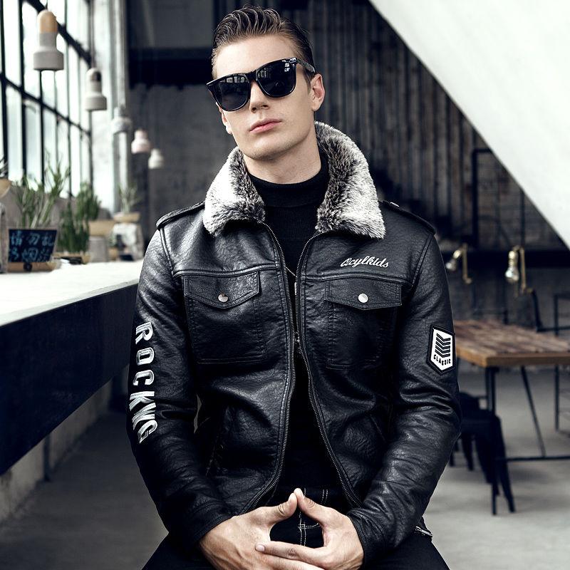 Winter Men's Leather Locomotive Lapel Korean Version of Self-cultivation Plus Velvet Warm Fur One Youth PU Coat Leather Jacket