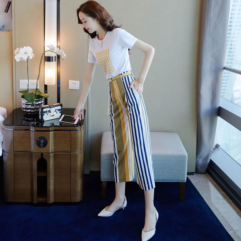 Summer Women's Cotton T-shirt Wide-leg Pants Two-piece Women's Round Neck Short-sleeved T-shirt + Loose Wide-leg Pants Fabric Soft and Sweat-absorbent