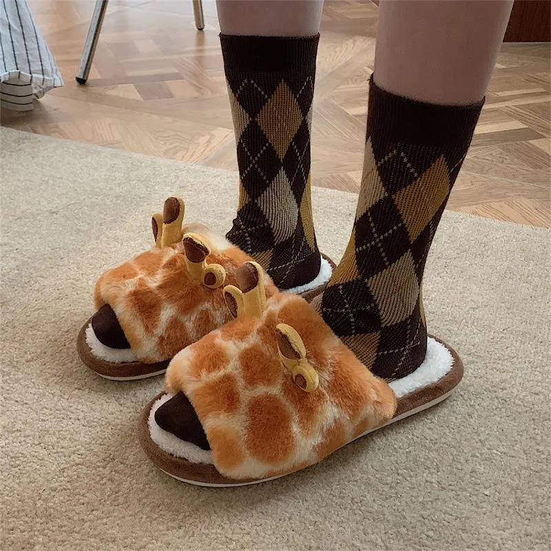 Autumn and Winter Cute Little Antler Cotton Slippers Warm Flat Shoes Indoor Non-slip Cotton Shoes Soft Shoes