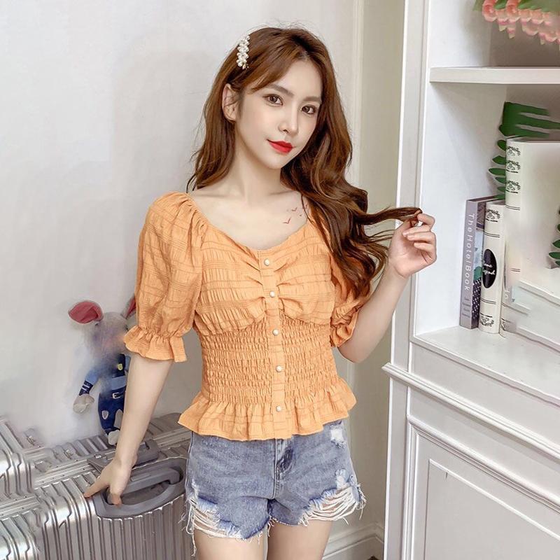 One-shoulder Puff Sleeve Shirt Women's Short-sleeved Waist Short Shirt Tops Women's Sweet Sexy Fabrics Comfortable Light and Breathable