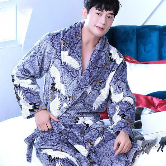 Men Large Size Bathrobe Pajama Dragon Print Robe Coat Water-absorbent Quick-drying Home Clothes Long