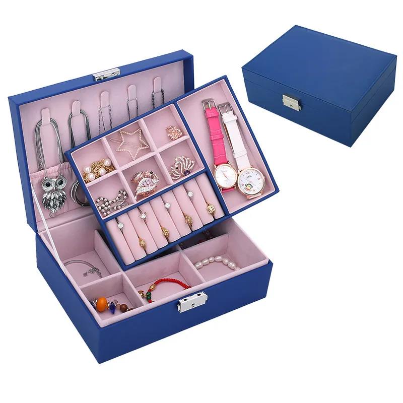 Jewelry Box Leather with Lock European Double Wood Jewelry Storage Box Earrings Ring Necklace Jewelry Storage Box