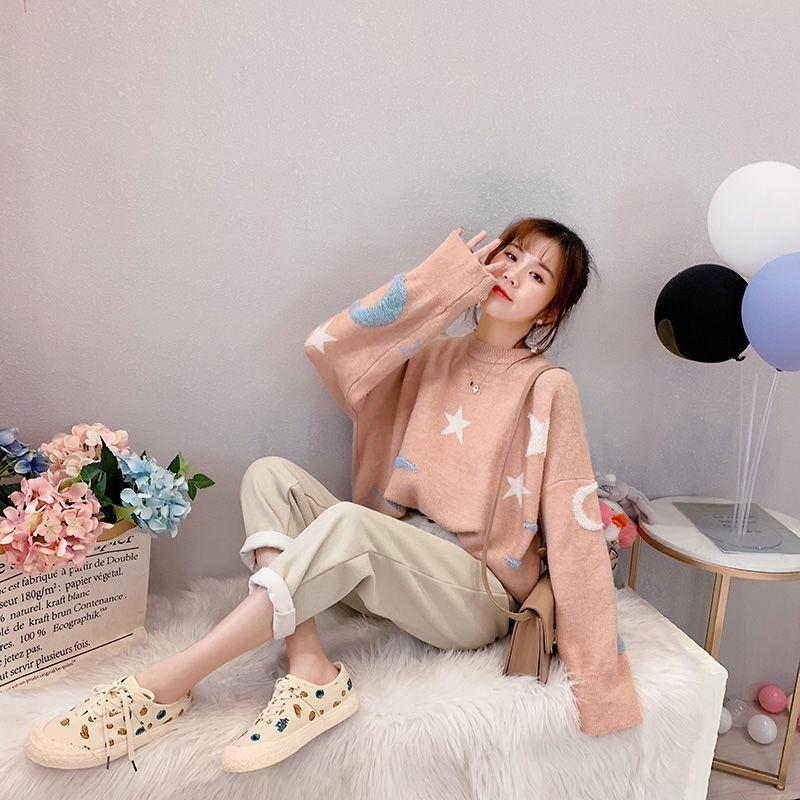 Sweet Jacquard Sweater Women's Loose Round Neck Long Sleeved Knitted Warm Sweater