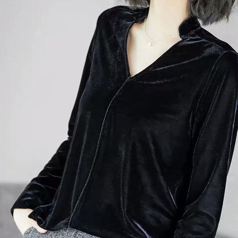 V-Neck Gold Velvet Pullover Tops Women Autumn Solid Slim Long Sleeve T-Shirt Elegant Bottoming Tees