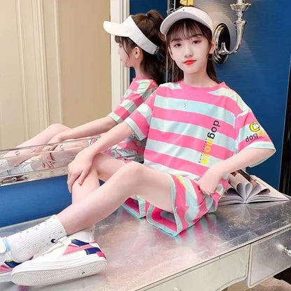 Cotton Girls Summer Striped Loose Casual Sports Two-piece Breathable Comfortable Thin Section Lightweight Soft Short Sleeve Shorts Set