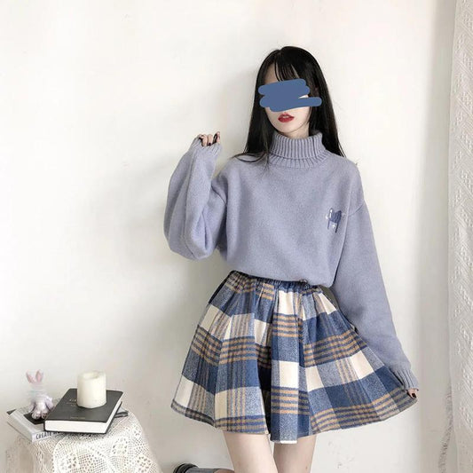 Sweet Suit High Neck Warm Knitted Sweater Women + A-line Short Skirt Loose Two-piece Suit All-match Cute Woolen Short Skirt Women