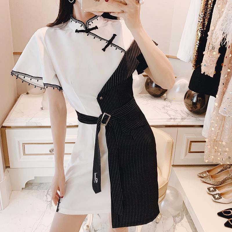 Pofulove Improved Cheongsam Dress Summer Women's Plus Size Dress Striped Irregular Dress Elegant