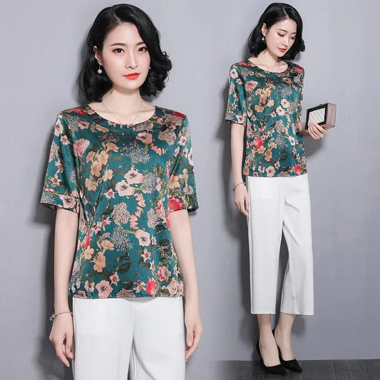 Women's Round Neck Top Summer Print Versatile Ice Silk Loose Short Sleeves