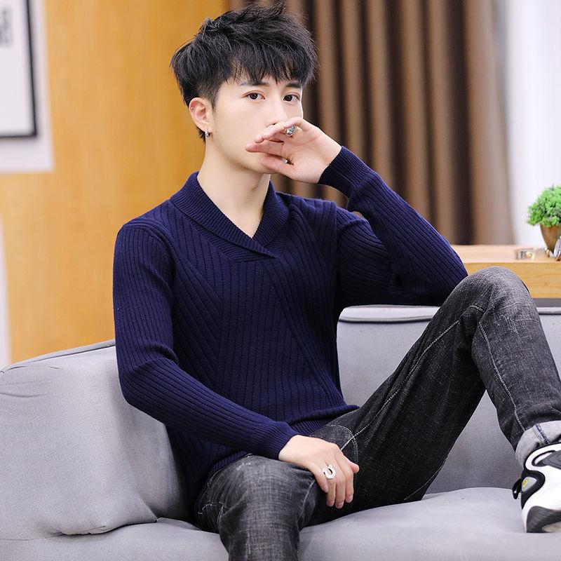 Fall/Winter Men's Lapel Sweater Fashion Personality Knitwear Pure Color Long Sleeve Youth Base Shirt