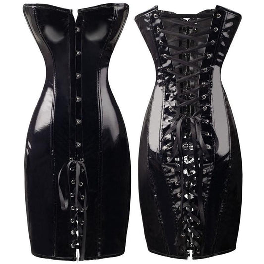 Black PVC Corset Wetlook Top Halter Retro Korset Sexy Deep V Neck Bustier Sexy Body Slimming Cosplay