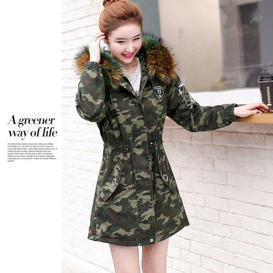 Winter Coat Women Loose Large Size Plus Velvet Thick  Hooded Camouflage Parka Coat with Fur Collar