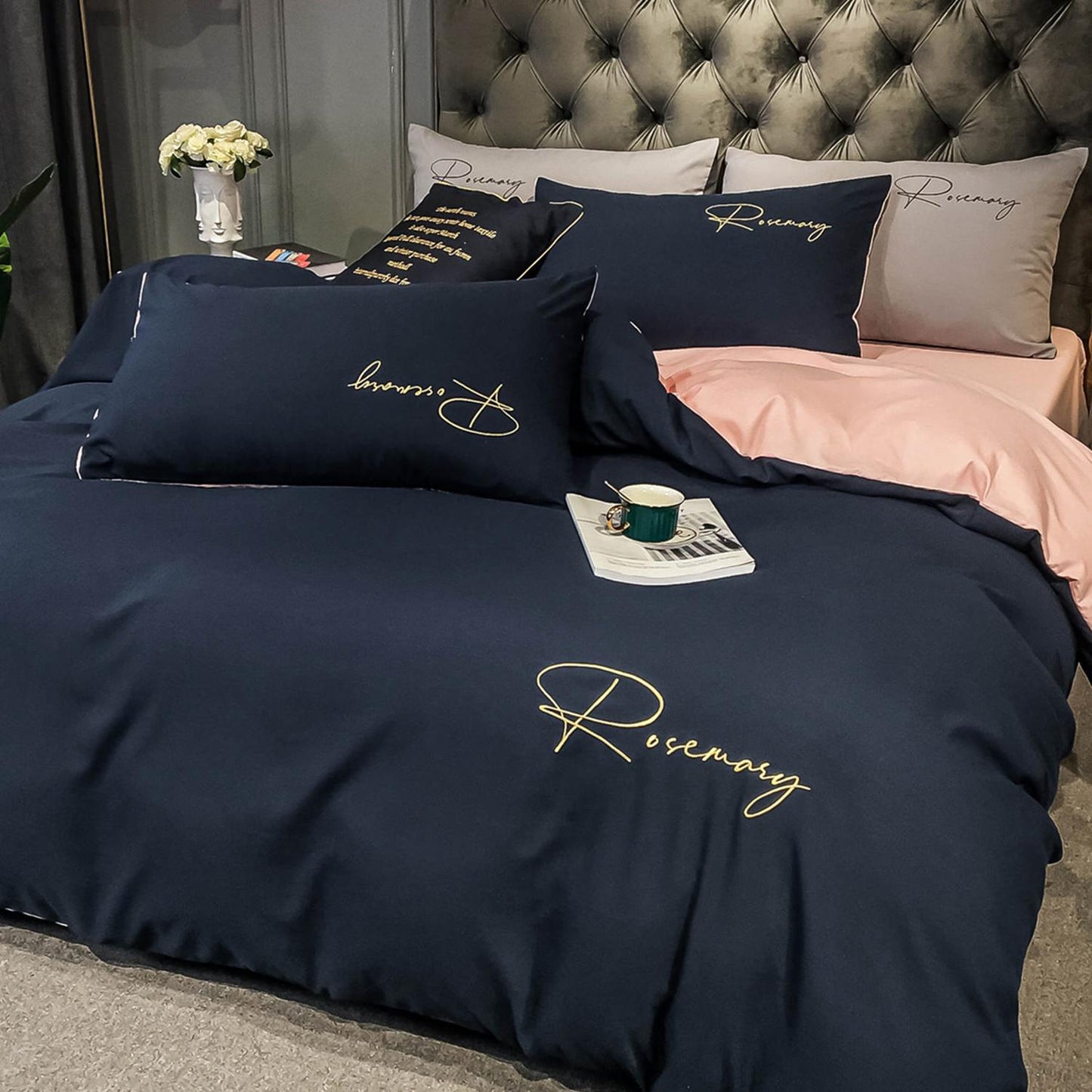 Fashion Luxury Four-piece Set Simple Bed Sheet Quilt Cover Pillowcase Bedding Embroidery Washed Cotton Sheets