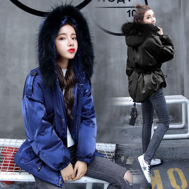 Autumn Winter Women's Cotton Jacket Hooded Parkas with Fur Collar Casual Drawstring Thick Shiny Winter Jacket