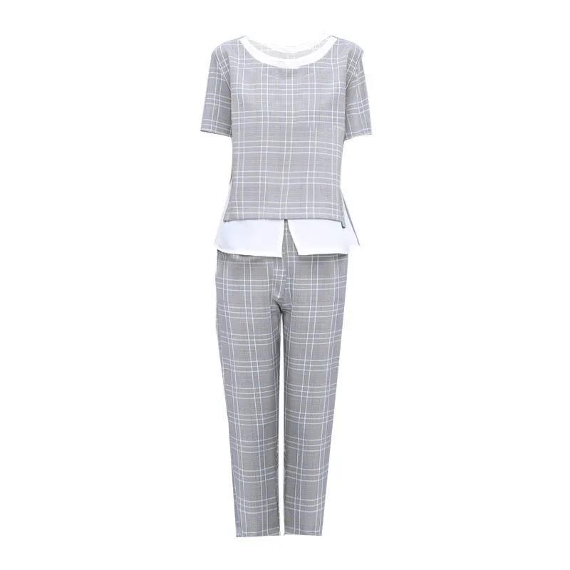 Women's Loose and Thin Casual Plaid Suit Women's Casual Pants Two-piece Suit Round Neck Short Sleeve + Casual Straight-leg Pants Ladies Daily Suit