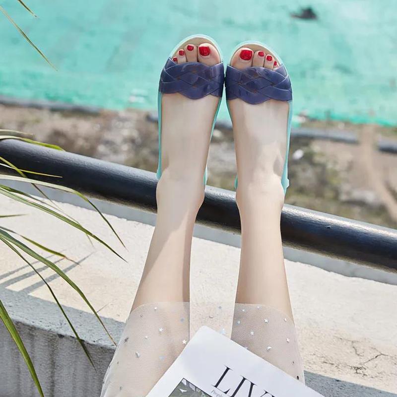 Summer Plastic Ladies Sandals Slope Heel Flat Beach Shoes Fish Mouth Crystal Jelly Shoes