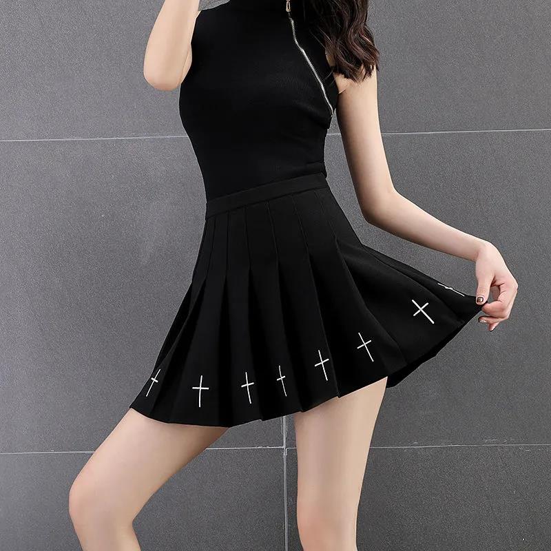 Gothic Cross Stitch Dress Punk Black Skirt Little Black Dress College Pleated Skirt