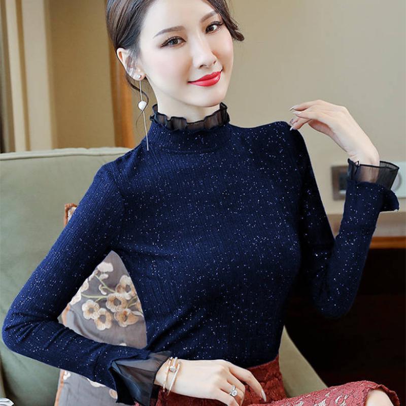 Pofulove  Women's Lace Sweater Women's Wild Slim Fit Plus Velvet Winter Long-sleeved Blouse