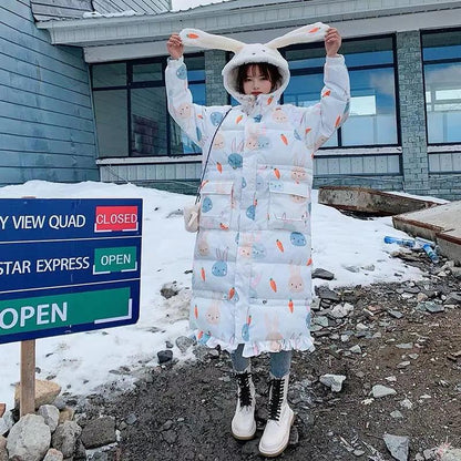 Cute Rabbit Ears Down Padded Jacket Women's Mid-length Thick Fishtail Padded Jacket Korean Style Loose