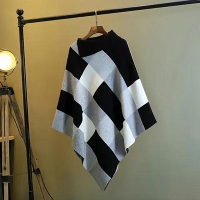 Loose Cloak-type Mid-length Cloak Plaid Pullover Loose Knit Jacket Ladies Temperament Outer Sweater Simple and Versatile