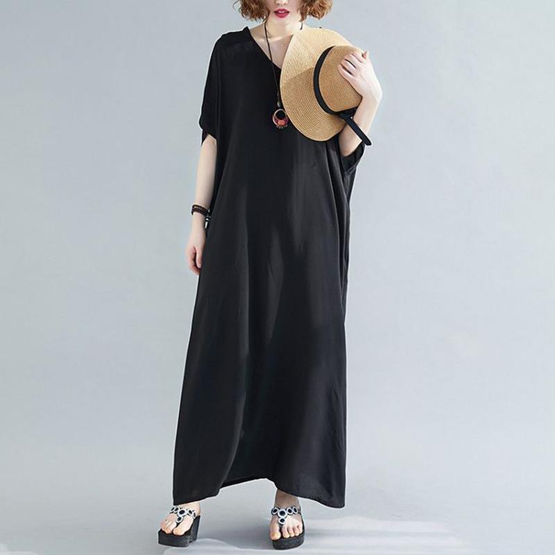 WTEMPO Plus Size Women Dress Summer V-neck Solid Color Long Dress Casual Bohemia Long Robe Full Length