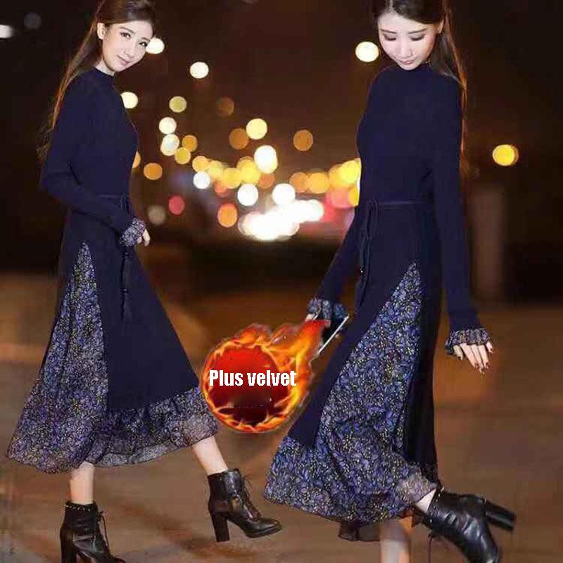 Plus Velvet  Thick Sweater Dress Women Autumn and Winter Slim Long Dress Floral Stitching Knitted Sweater Dress