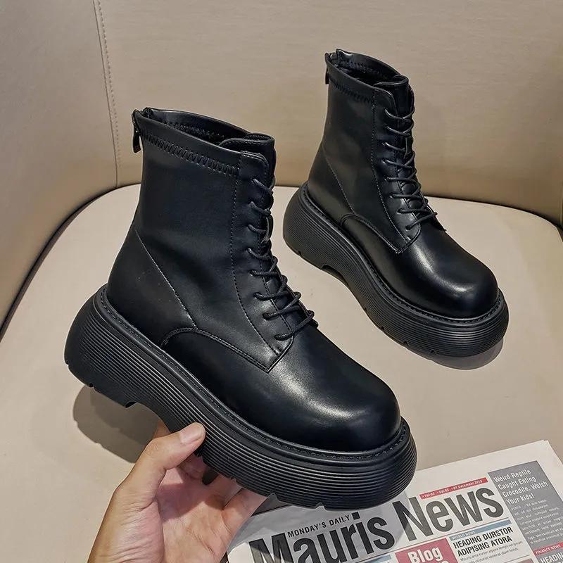 Autumn and Winter Leather Sponge Cake Thick-soled Martin Boots Thin Plush Boots Heightening Short Velvet Boots All-match