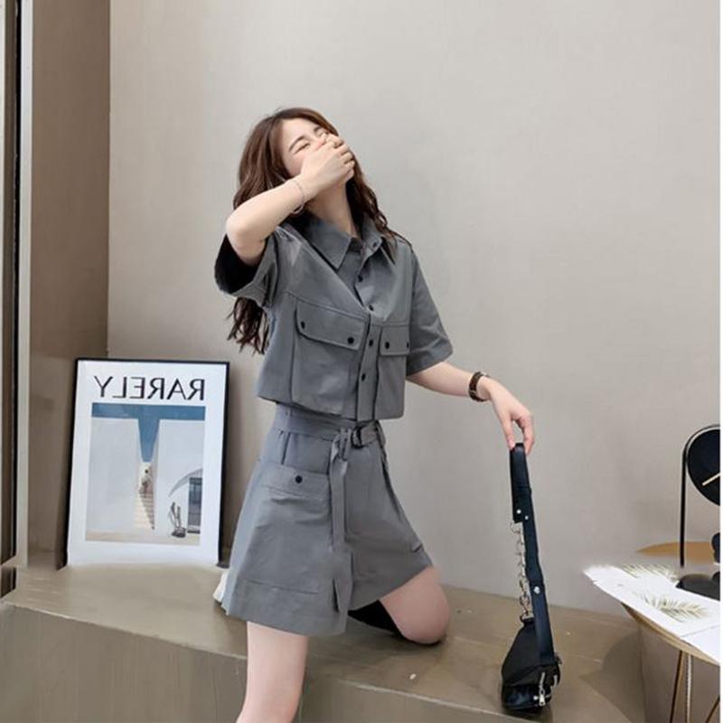 Two-piece Suit Women's Summer Casual Fashion Loose Tooling Korean Wide-leg Pants Suit Solid Color Top and Shorts