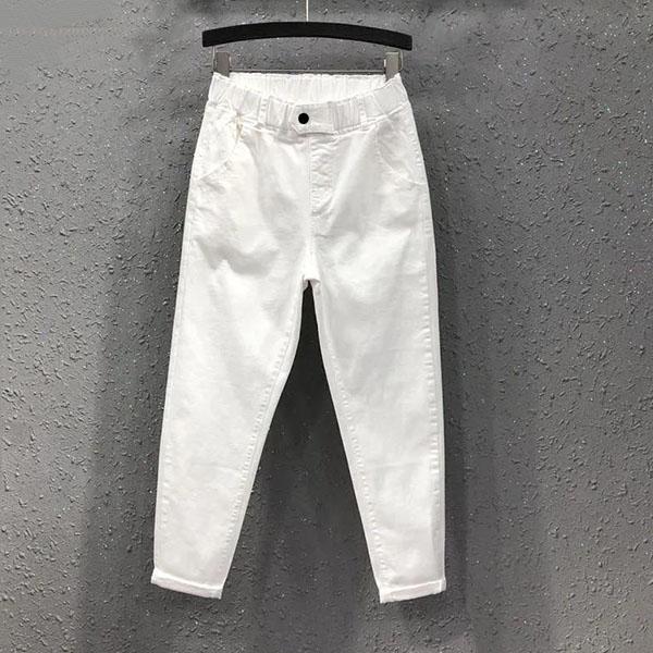 Women's Summer and Autumn Haren Pants All-matched Casual Cotton Denim Pants Elastic Waist Plus Size Solid Color Long Jeans