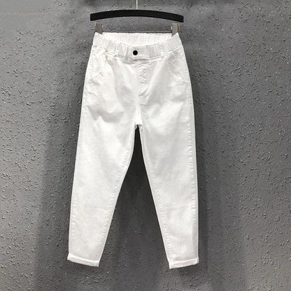 Women's Summer and Autumn Haren Pants All-matched Casual Cotton Denim Pants Elastic Waist Plus Size Solid Color Long Jeans