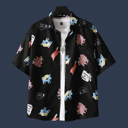 Male Beach Tees Hawaiian Shirt Summer Casual Print Undies Half Sleeve T-shirts Button Cardigan Plus Size Overshirt Men Clothing