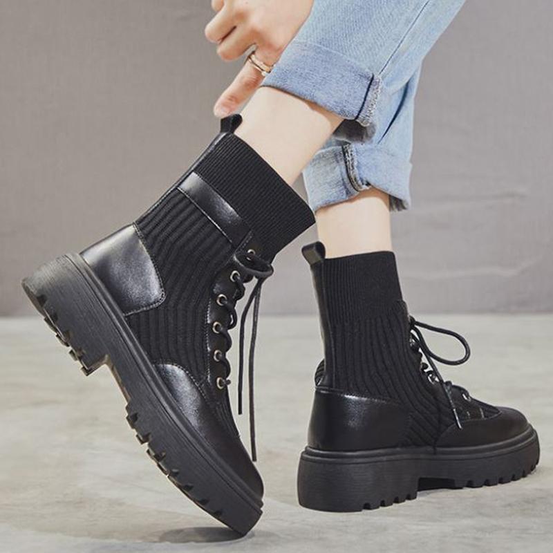 Martin Boots Women's Winter Knit Stitching Lace-up Ankle Boots Leather Thick-soled Motorcycle Boots