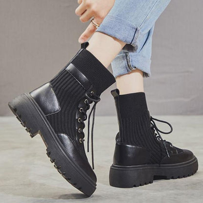 Martin Boots Women's Winter Knit Stitching Lace-up Ankle Boots Leather Thick-soled Motorcycle Boots