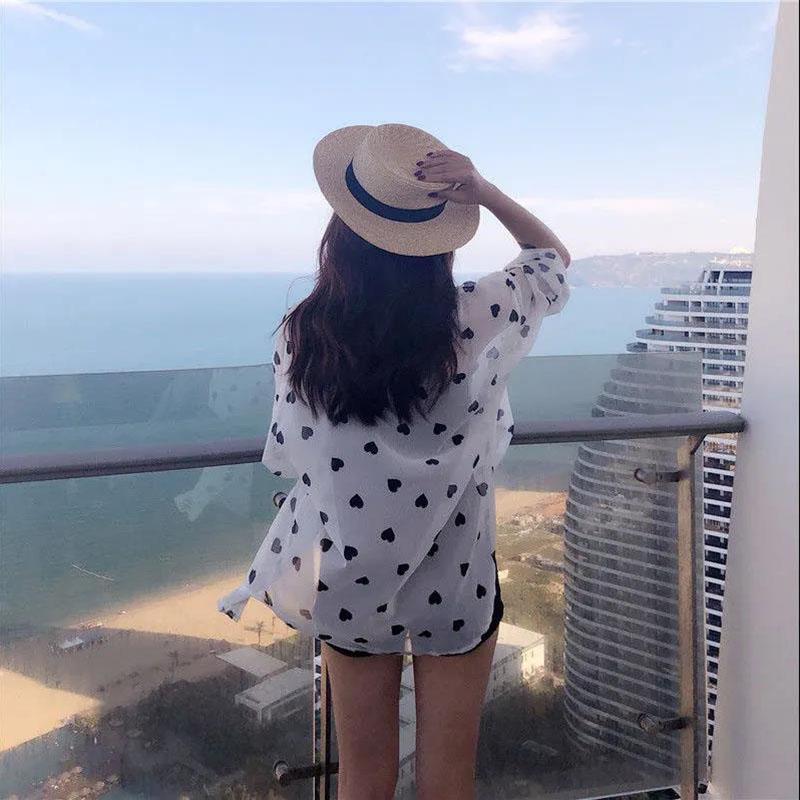 Loose Chiffon Sunscreen Shirt Small Long-sleeved Air Conditioning Cardigan Women Summer Clothing Thin Print Love Ladies Blouses