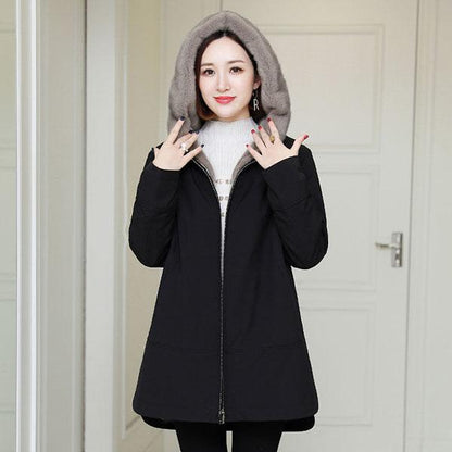 Winter Korean Thick Cotton-padded Jacket Mid-length Plus Velvet Thick Parker Hooded Plus Size Middle-aged Women's Jacket
