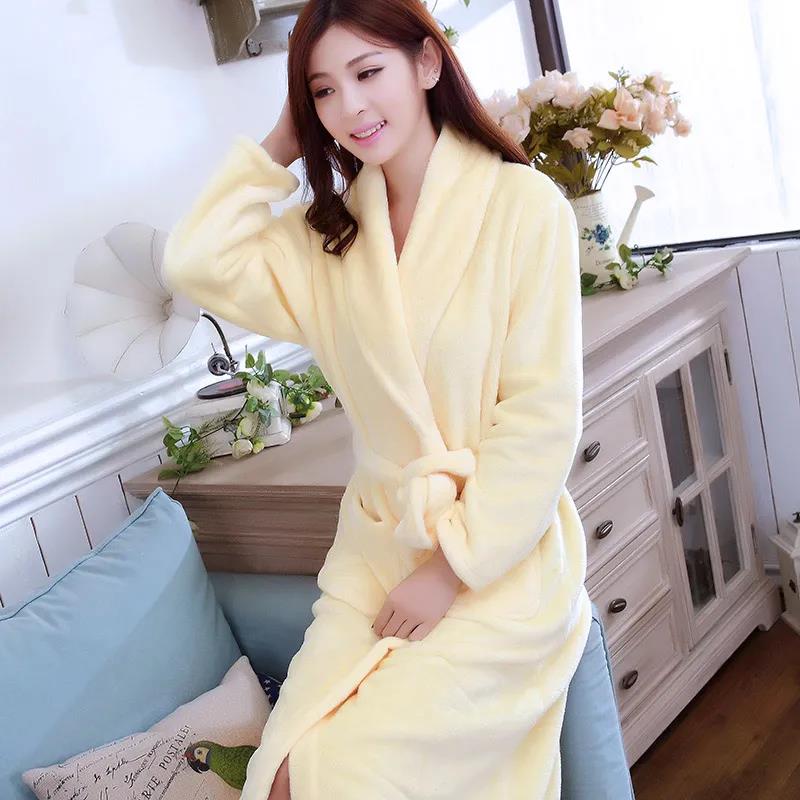 Ladies Pure Color Homewear Pajamas Winter Cashmere Warm Home Clothes Quick-drying Bathrobe Robe Coat Long