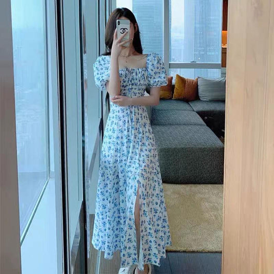 Floral Print Puff Short Sleeve Women Dress High Split Party Long Dresses Elegant Lace Up Sweet Summer Sexy Dress