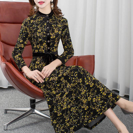 High Elastic Waist Vintage Dress A-line Style Women Full Sleeve Flower Print Dresses Slim Dress