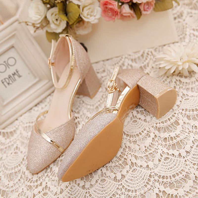 Spring  Summer Sandals Female Students Korean Version  Wild Thick Heels One-word Buckle  High Heels Mid-heel  Single Shoes