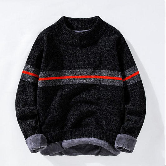 Chenille Sweater Men's High Neck Bottoming Shirt Plus Velvet Thick Knit Sweater Winter Round Collar Wool