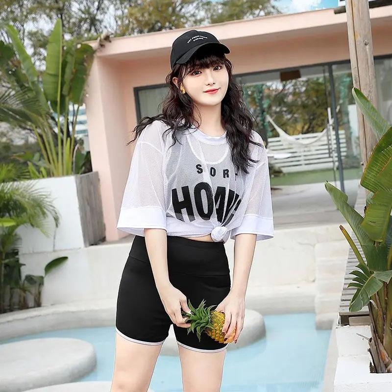 Oversize Swimsuit Women's Sports Vest Shorts Transparent Blouse Separate Three-pieces Swimming Set Conservative Swimsuit Summer Beach Wear