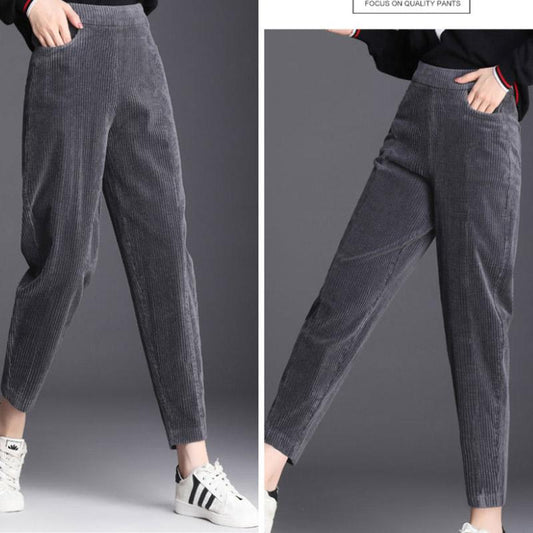 Corduroy Women's Trousers Lamb Hair Lining Gray Warmth and Velvet Thick Casual Pants All-match Outer Wear Thin Trousers